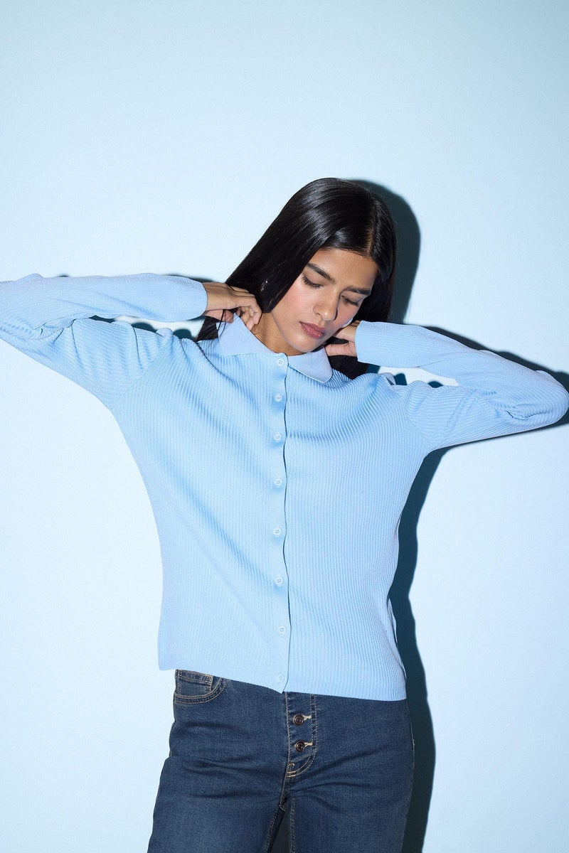 DeFacto Blue Woman Slim Fit Polo Collar Knitwear Cardigan Casual - Image 4